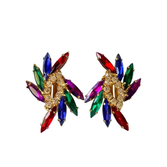 Vintage Multicolor Rhinestone Clip-On Earrings 1 1/2" Gold Tone Finish - Picture 2 of 5